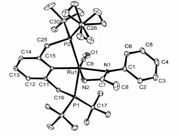 Figure 3.4.   ORTEP (30% probability) of  (PCP)Ru(CO)(NHC(Me)NPh) (N1, 2.186(2); Ru1-N2, 2.182(2); C7-N1, 1.333(3); C7-N2, 1.317(3); N1-C1, 1.393(3); C7-C8, 1.508(4); P1-Ru1-P2, 154.87(2); N1-Ru1-N2, 59.69(8); N1-C7-N2, 110.2(2); N1-C7-C8, 126.6(2); N2-C7-