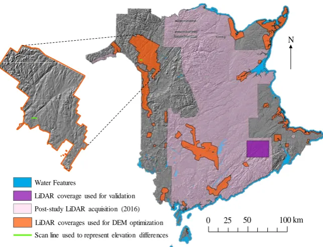 Figure 1. LiDAR DEM coverages (~11%) used for improving non-LiDAR DEMs across all of New Brunswick by way of a 5-stage process