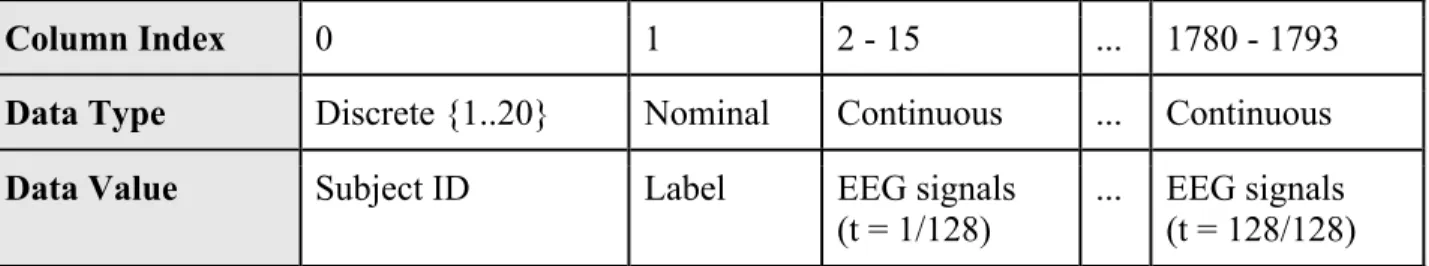 Figure 6: EEG only master data set format (1794 attributes x variable # rows). In this figure, t  represents the number of samples relative to the sample rate per second.