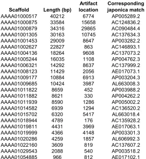 Table 2.  Examples of internal pUC18 artifacts (≥14 bp) in indica scaffolds.  In each case shown, the corresponding japonica sequence matches the indica scaffold directly before and after the artifact