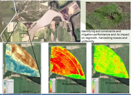 Figure 12. Aerial and terrestrial surveys of ALC and the sub field of Chooky hill. Anticlockwise the ALC farm with central dam, Em38 survey, weekly NDVI crop regrowth and turf loss from the harvester from last harvest