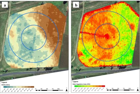 Figure 1. (a) EM38 survey of a newly installed CP near Kalbar. The blue circles represent the inner and outer legs of the pivot