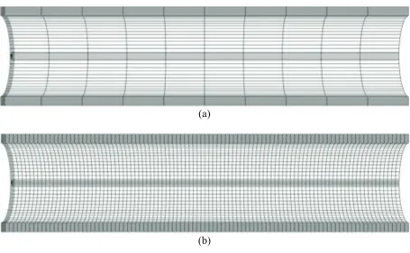 Figure 4. Model mesh of case Rm/t=5, θ/π=0.5 : (a) The coarsest mesh with 10 mm element length (b) The finest mesh with 1 mm element  length 