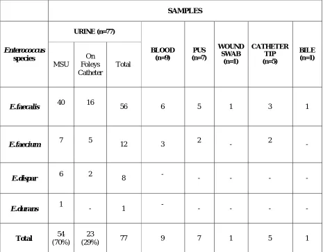 Table 9: DISTRIBUTION OF ENTEROCOCCUS   SPECIES AMONG VARIOUS CLINICAL SPECIMENS( n=100) 