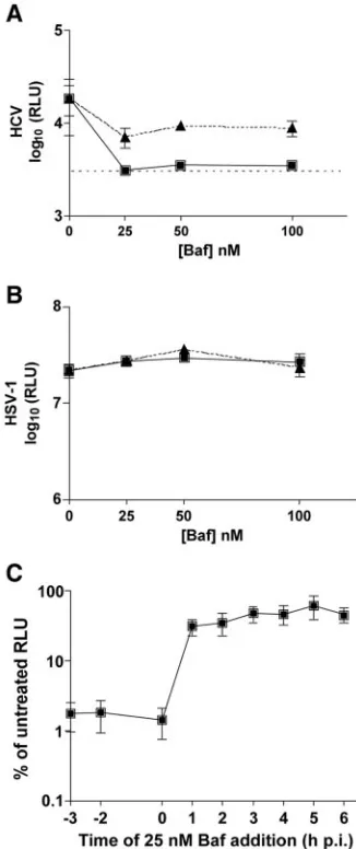 FIG. 2. HCV entry is sensitive to baﬁlomycin A1 (Baf). (A) Huh-7.5 cells were incubated with baﬁlomycin A1 (0, 25, 50, or 100 nM)
