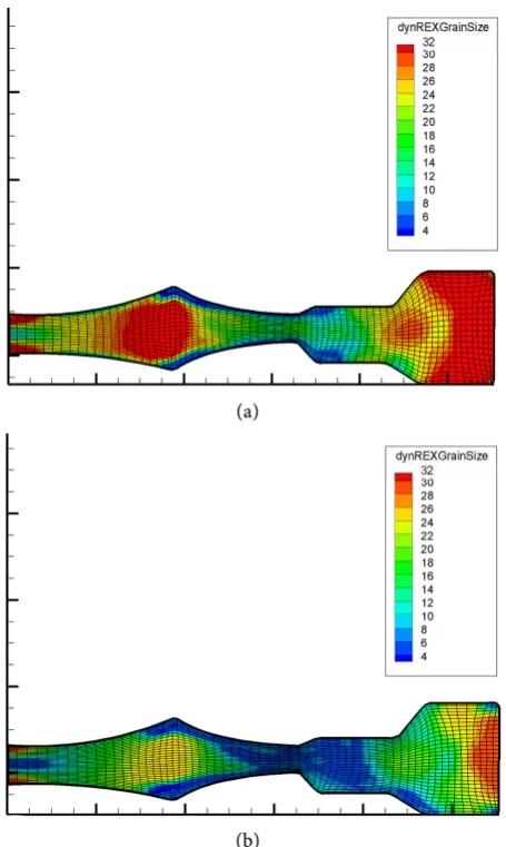 Figure 4. Grain size simulation for 718 alloy used in turbine disc (a) with the poorest forge parameters combination (b) with the optimum forge parameters combination