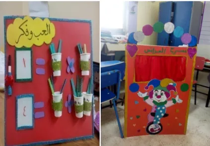 Figure 8 &amp; 9. Games in the lesson math, and a puppet show to have a fun and relaxing  environment 