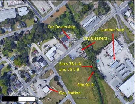 Figure 3.3: Google Earth image of Hominy Swamp Creek and adjacent properties (taken from Google Earth)