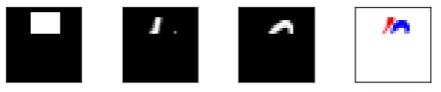 Figure 1.3: Similarity on a subset. The subset on which similarity was measured (leftimage, white pixels) and the examples constrained to having nonzero values only onthis subset (two centre)