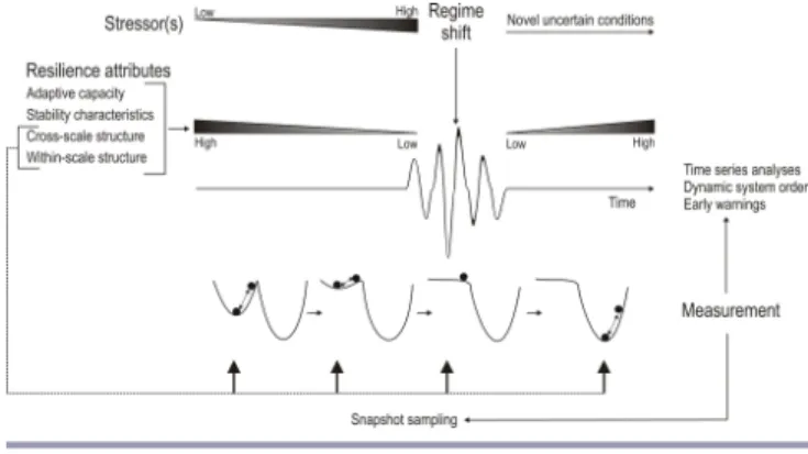 Fig. 1. Schematic of system behavior when increasing pressure from stressor(s) contributes to the erosion of resilience, leading to a regime shift and reorganization in a new stable regime characterized by novel conditions and uncertainty