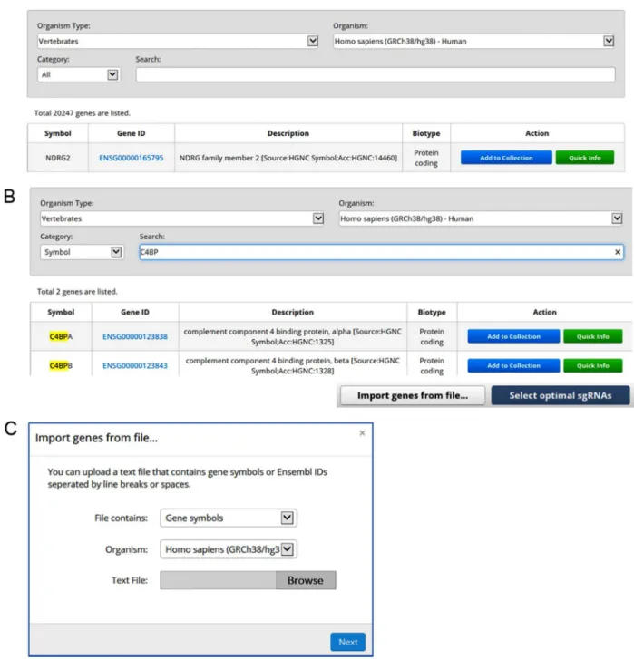 Fig.  1.  Cas-Database  overview.  (A) All available genes from selected organisms are listed with their Ensembl ID, description, and biotype information on the main page of the Cas-