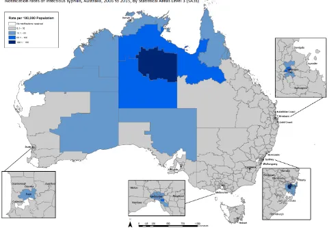Figure 2-1 Rates of infectious syphilis per 100,000 population, estimated resident population of Australia, by Statistical Areas Level 3 (SA3), 2006-2015 