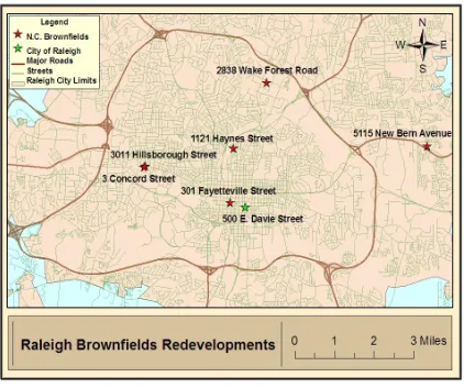 Figure 2: Completed NC Brownfields Program sites (red) and a planned City of Raleigh Brownfields Program site (green)  