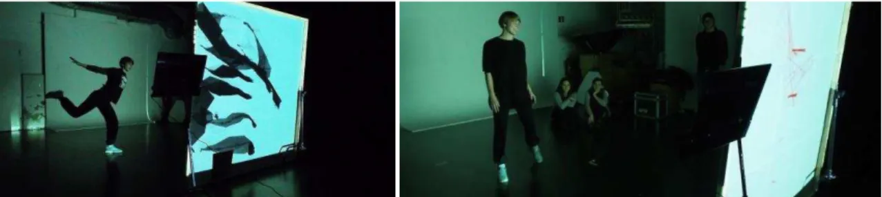 Figure 4. Choreographer Solveig Styve Holte working with digital movement and the screen ©Lise Amy Hansen  