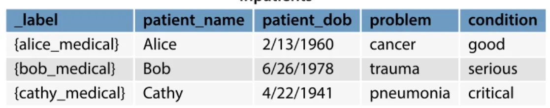 Figure 4-1: The Inpatients table is an example of sensitive, labeled tuples stored in a database