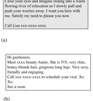 Figure 1: Two examples of online sex ads describ-ing (a) a trafﬁcking victim and (b) a non-trafﬁckedprovider, selected from our labeled ads.