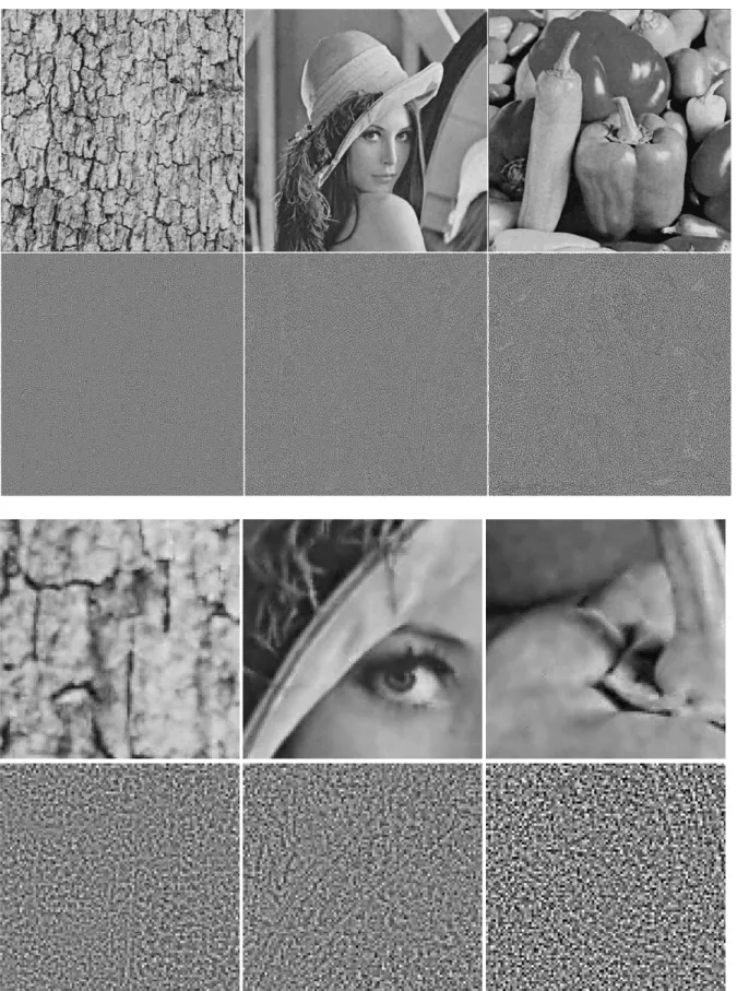 Figure 6  Proposed method.  Denoised image and removed noise (multiplied by 4) shown.  SNR is 33.6 (left), 103.8 (middle), and 79.7  (right)