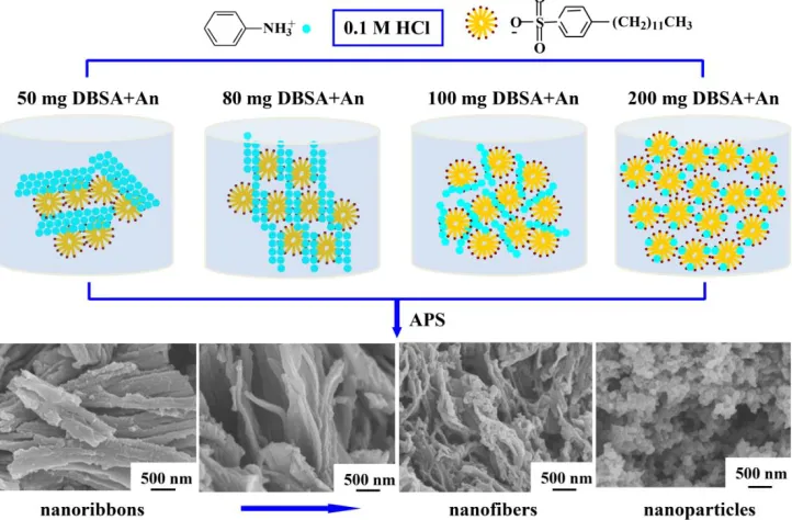 Figure 1. FESEM images of PANI electrode materials prepared using different concentrations of DBSA: (a) PANI-1 ([DBSA] = 0.0034 mol L1), (b) PANI-2 ([DBSA] = 0.0054 mol L1), (c) PANI-3 ([DBSA] = 0.0068 mol L1), and (d) PANI-4 ([DBSA] = 0.0136 mol L1)  