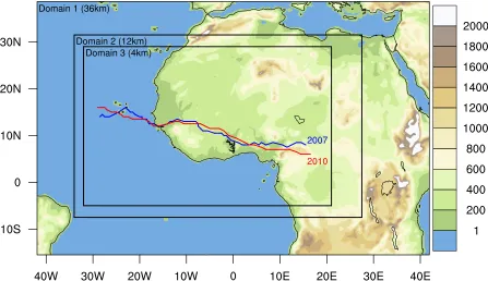Figure 2.1: WRF domain setup for all simulations with model terrain height (m) shaded.Manually deﬁned AEW tracks following the positive vorticity center and meridional windminima (i.e