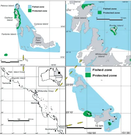 Figure 2.1: Map of the Queensland Coast and the three Island Groups-Palm, Whitsunday and Keppel Islands