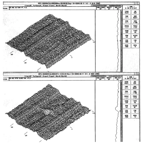 Figure 6. Isometric plots of test section with oval crossection, simulating U-bend geometry, before (top) and after (bottom) a 12-mm-long ID stress corrosion crack has been grown