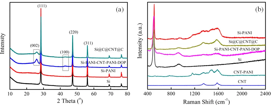 Fig. 1(a) is the X-ray diffraction (XRD) patterns of Si, Si-PANI, Si-PANI-CNT-PANI-DOP and 