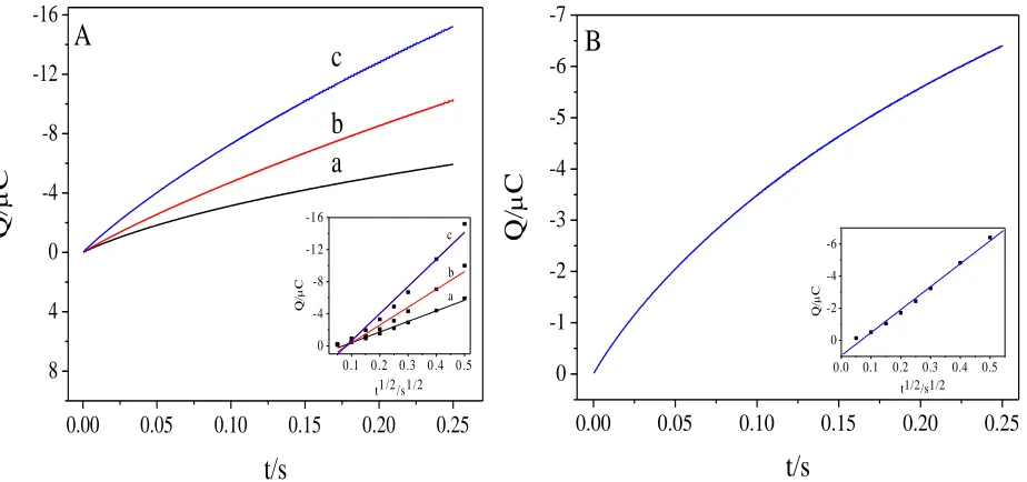 Figure 8.  (A) Plot of Q-t curves of GCE (a), GO/GCE (b) and GO-IL/GCE (c) in 1 mM K3[Fe(CN)6] containing 1 M KCl