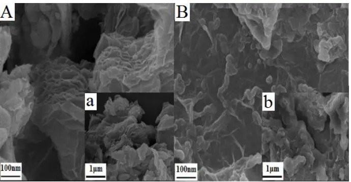 Figure 1. SEM images of graphene oxide material under low (a) and high (A) magnification and of GO-IL nanocomposite under low (b) and high (B) magnification