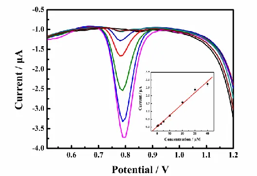 Figure 6.  DPVs of Ag-poly-ACBK@Gr/GCE in different DS concentrations in the range from 0.1 to 40 μM
