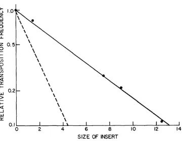 FIGURE 3.-Transposition of KdnR segments from plasmid carrying and 1092) relative to that of pNK615 are plotted on a logarithmic scale against the size kilobase increase in transposon length; dashed line corresponds to a decrease of increase as found for c