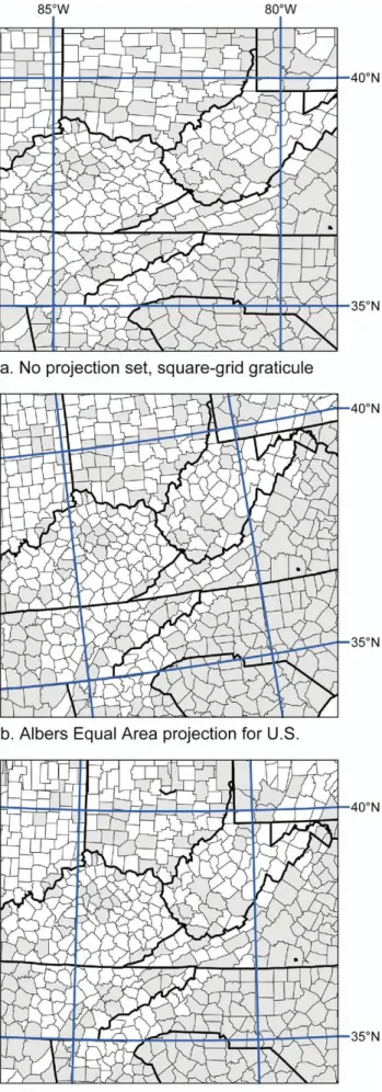 Figure 15 shows a portion of the southeast U.S. on three maps at the same scale with a graticule (latitude and longitude lines) overlay