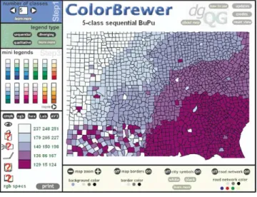 Figure 3. An example screen from ColorBrewer.org, an on- on-line tool offering color specifications for each color in schemes suited for thematic maps