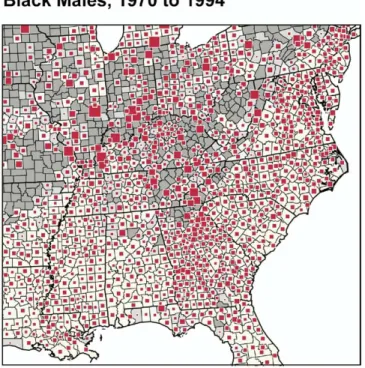 Figure 12. Special classes improve a map: zero deaths are separated to a class and significance and sparse data symbols are overlayed on a diverging choropleth representation