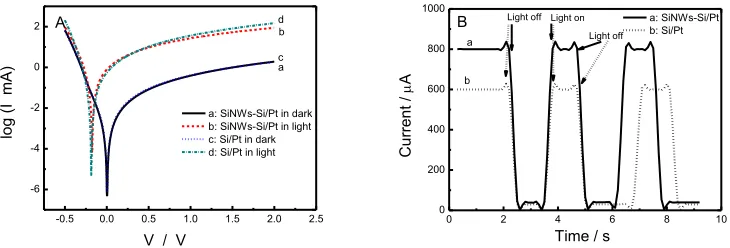 Figure 2.  (A) Semi-log current-voltage (log I–V) characteristics of the SiNWs-Si/Pt and Si/Pt in dark and in light; (B) The transient photocurrent plots of SiNWs-Si/Pt and Si/Pt in a 5 W white light LED illumination 