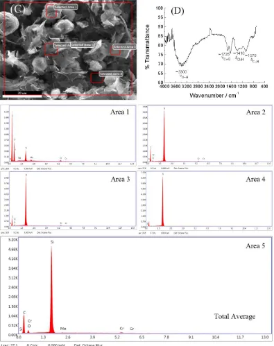 Figure 3.  SEM morphology (A), (B) and EDS spectra (C) of the Gr-SiNWs-Si/Pt; (D) FTIR spectrum of the surface of Gr-SiNWs-Si/Pt   