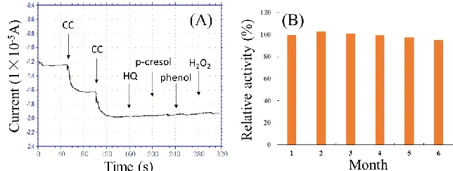 Figure 5.  (A) Amperometric currents of the GR/PI film for successive additions of 0.5 mM CC and the same concentration of other interferences