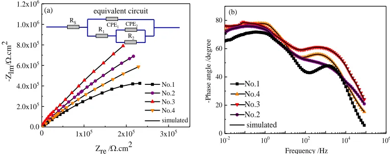 Figure 7.  Nyquist plots (a) and Bode plots (b) of the samples in 3.5% wt. NaCl. 