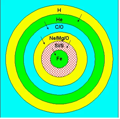 Figure 1.1: Structure of a massive star prior to explosion(from Kaler, 1992).