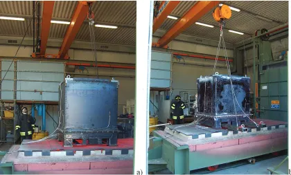 Figure 7. Positioning of the mock-up on the slide of the oven (a) and its extraction at the end of test (b) 