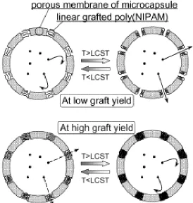 Figure 2.2 : A schematic representation of the thermo-responsive release principle of core-shell microcapsules with a porous membrane and thermo-responsive polymeric gates.[7] 