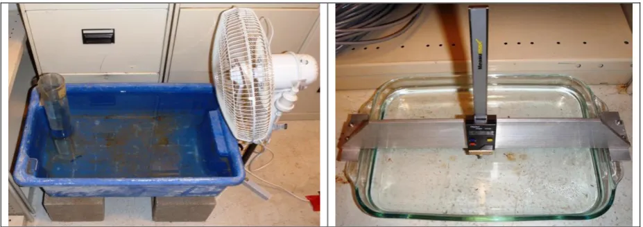 Figure 2 – (A) Example fan and tank configuration. The large graduated tube placed in the left hand side of the tank was used to make a simple estimate of the water level before and after each experiment