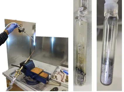 Figure 2.1: a) Melting process of material in a quartz tube under an acetylene torch. b) Melted alloy starting from elemental powders