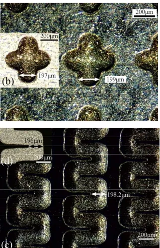 Figure 6. Comparison of the microstructures machined on nickel surfaces with those of a stainless-steel mould: (a) and (c) the nickel surface and, (b) and (d) the stainless steel mould