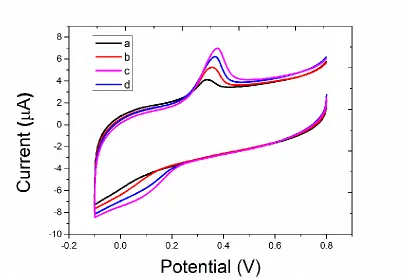 Figure 2. Cyclic voltammetry profiles of (a) silver ion cross-linked hydrogel, (b) 0.1m M Fenton solution introduced hydrogel, (c) 3 min after the 0.1m M Fenton solution introduced hydrogel and (d) 5 min after the 0.1m M Fenton + 0.1 mM uric acid solution 