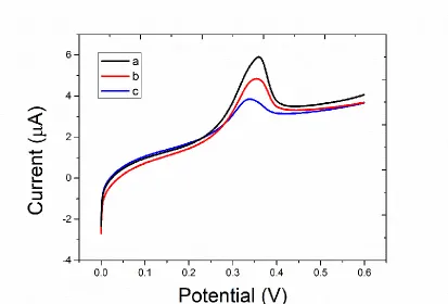 Figure 4.  Cyclic voltammetry profiles of silver ion cross-linked hydrogel after introduction of (a) honeybee pupa, (b) honey and (c) Royal jelly