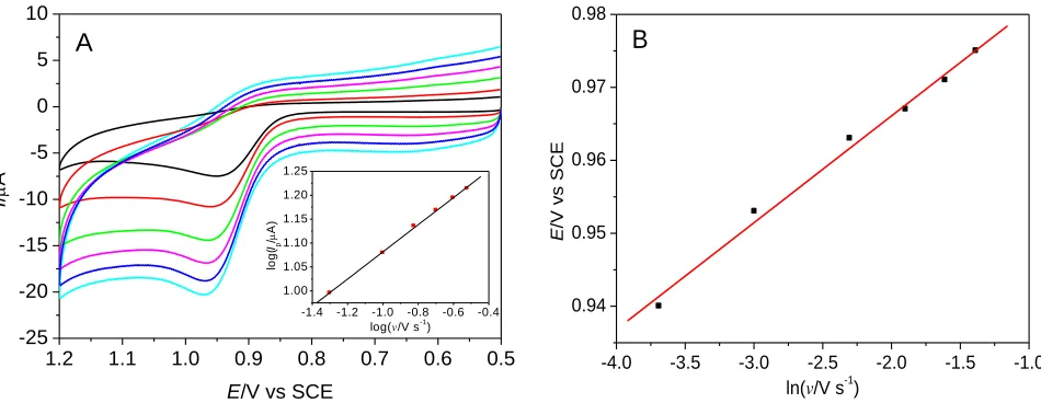 Figure 4.  CV curves of MTX (5.0 × 10–5 mol L–1) at different scan rates (A), and the plot between Ep and lnv (B)