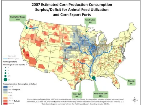 Figure 1.1: Corn surplus/deﬁcit map with the transportation system
