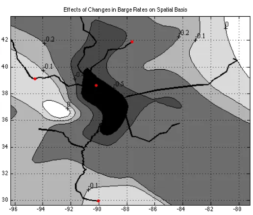 Figure 1.18:Contour Map of Barge Rate Eﬀects Using Kernel Smoothing (SD = 50miles)