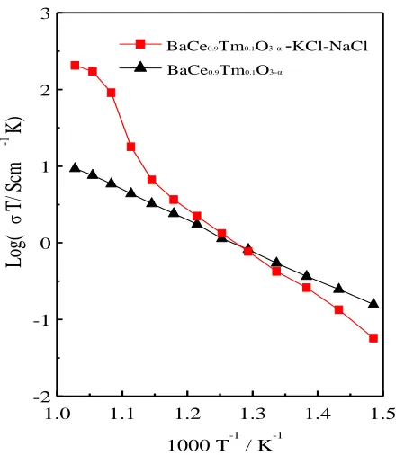 Figure 3. The SEM images of BaCe0.9Tm0.1O3- (1550 °C) (a,b) external and cross-sectional surfaces, and BaCe0.9Tm0.1O3--KCl-NaCl sintered at 750 °C for 2 h (c,d) external and cross-sectional surfaces