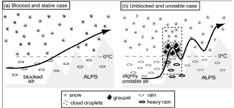 Fig. 5.  Conceptual model of the orographic precipitation mechanisms active in (a) 